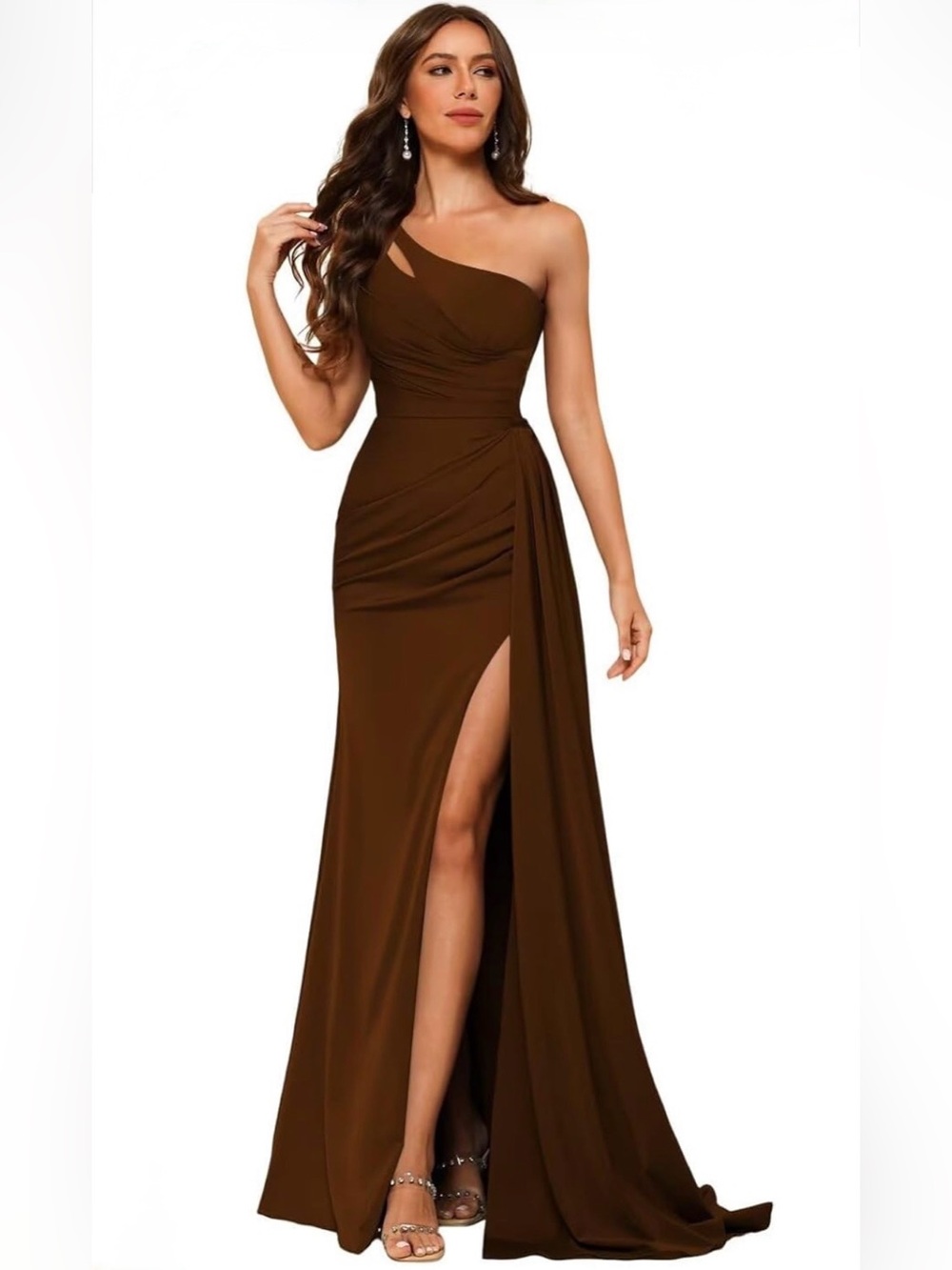 YMSHA One Shoulder Bridesmaid Dress with Slit Mermaid Satin Pleated Dress